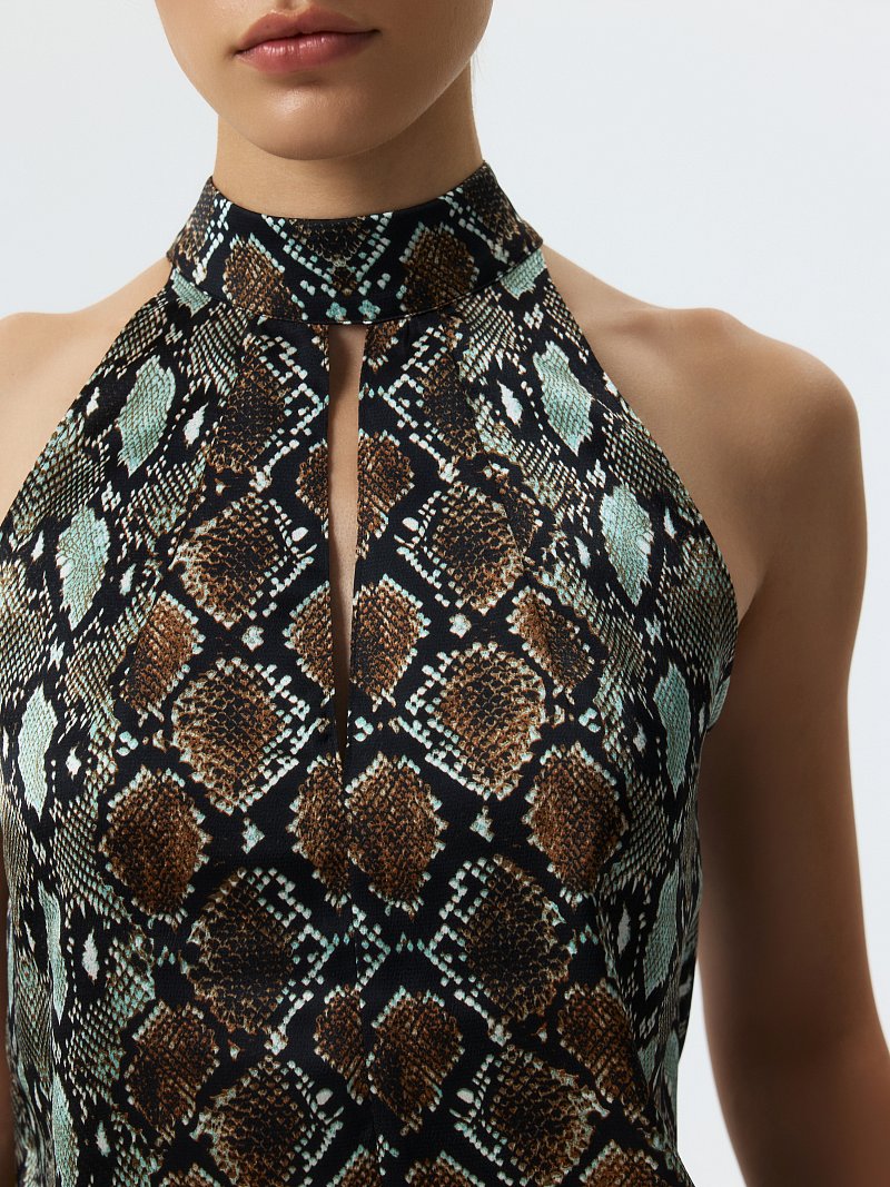 Атласный топ-халтер со змеиным принтом
