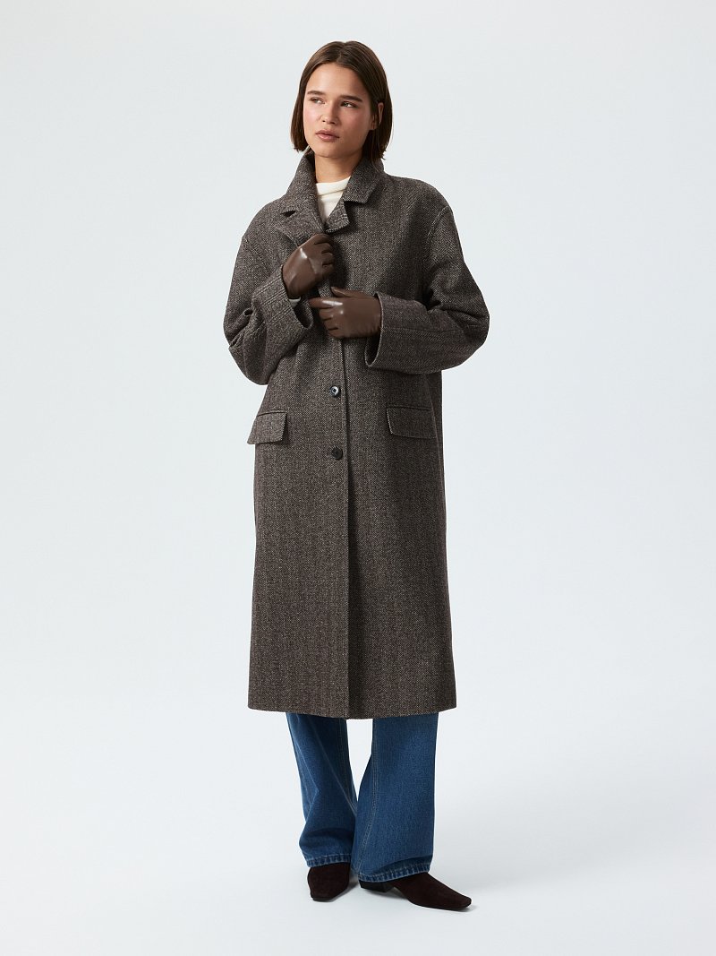 Пальто из шерстяного твида «в елочку»